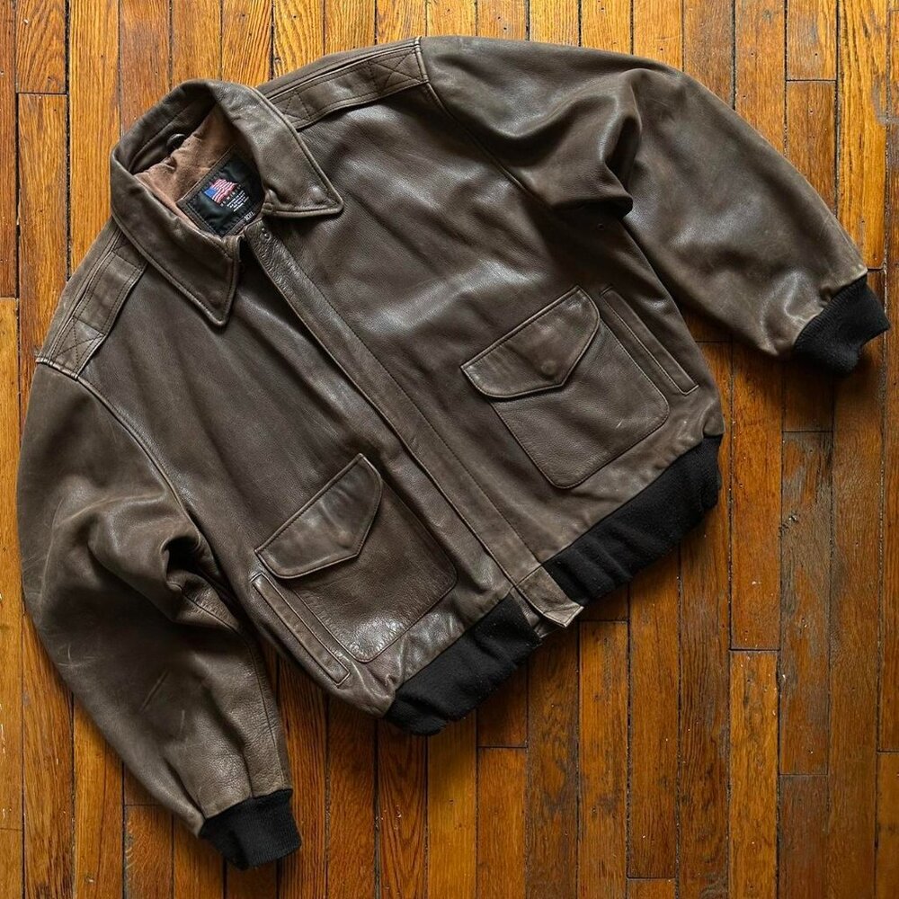 Vintage US WINGS Aviator Flight Bomber Jacket Men XXL‎ Brown Pilot Indiana Jones